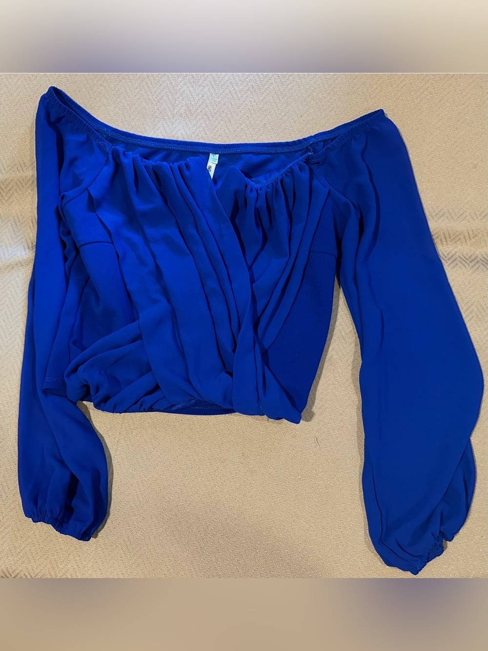 New Mode USA Royal Blue Off Shoulder Draped Blouse Balloon Sleeve Top Large